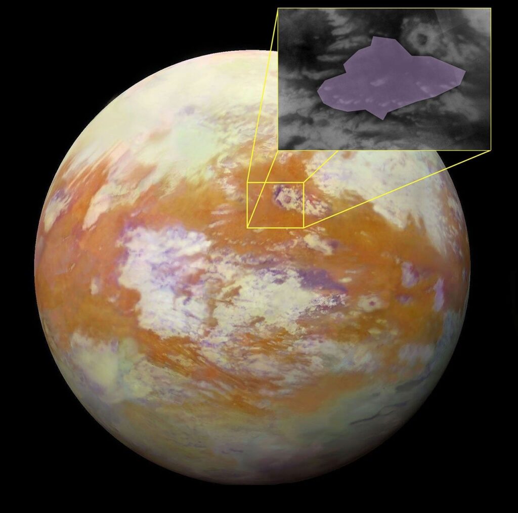 NASA define onde seu “drone” nuclear vai pousar em Titã 3 Destacada em roxo, o campo de dunas equatoriais Ahmakiq Undae, em Titã. O campo tem um diâmetro de aproximadamente 800 quilômetros e faz fronteira com a cratera de impacto Selk de 80 quilômetros (Crédito: NASA/Jason Barnes)