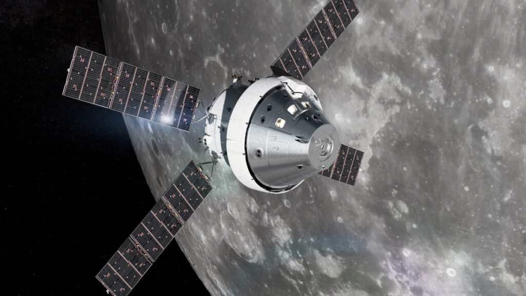 Ilustração da espaçonave Orion próximo da Lua.