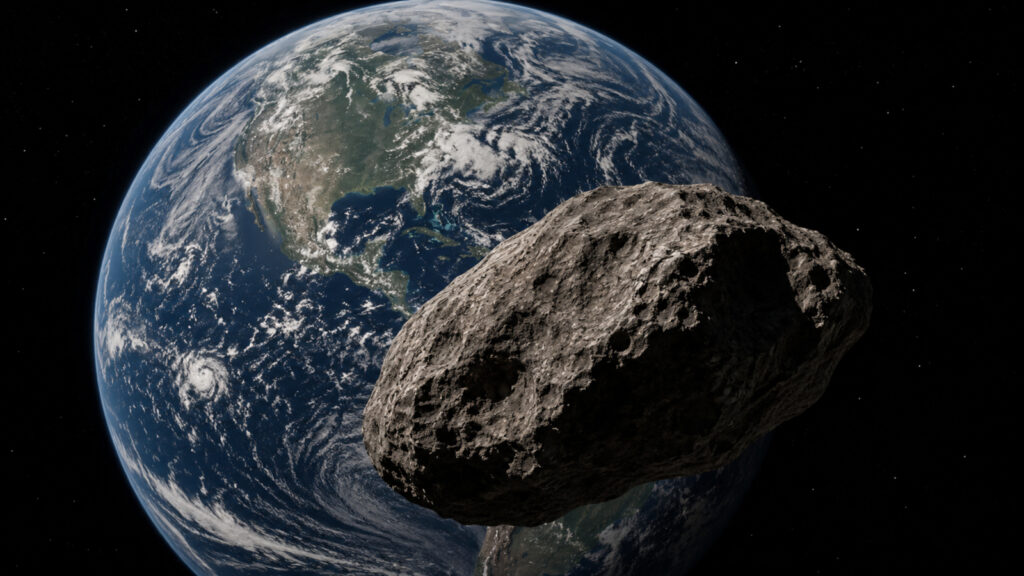 Ilustração de um asteroide passando próximo da Terra