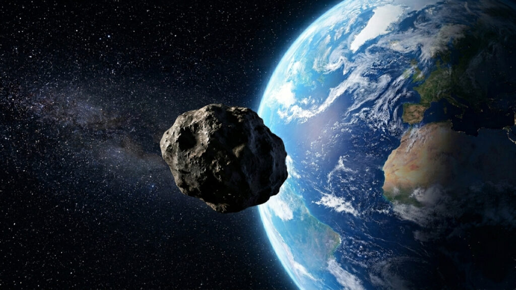Ilustração de um asteroide passando próximo da Terra.