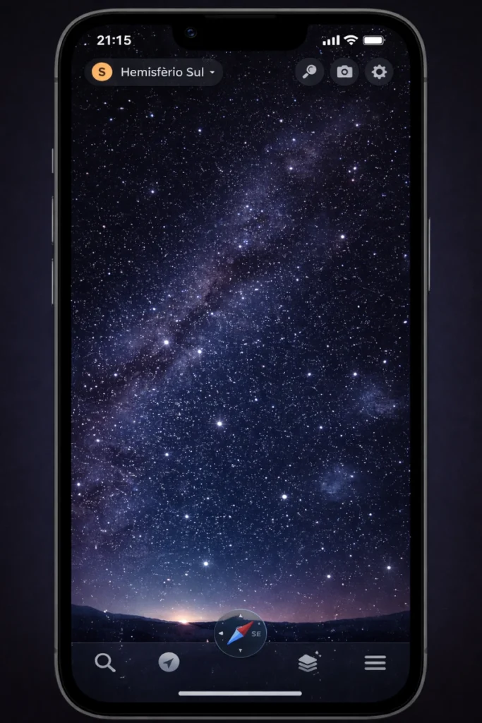 Mapa celeste digital com constelações visíveis no céu do hemisfério sul