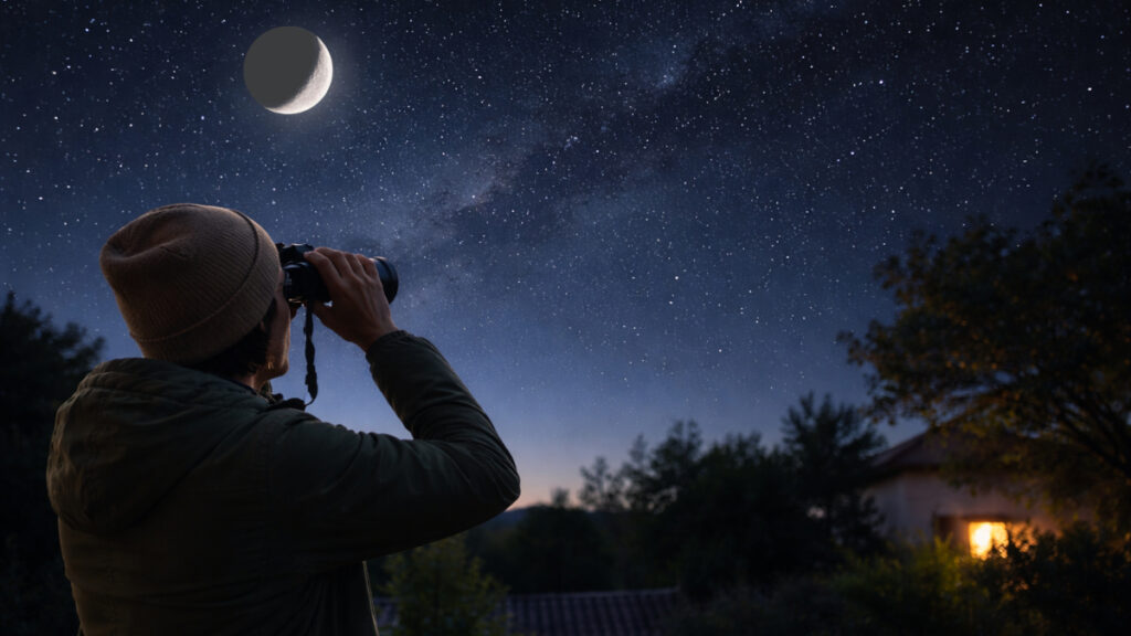 Pessoa observando o céu com binóculo em uma noite estrelada para começar na astronomia