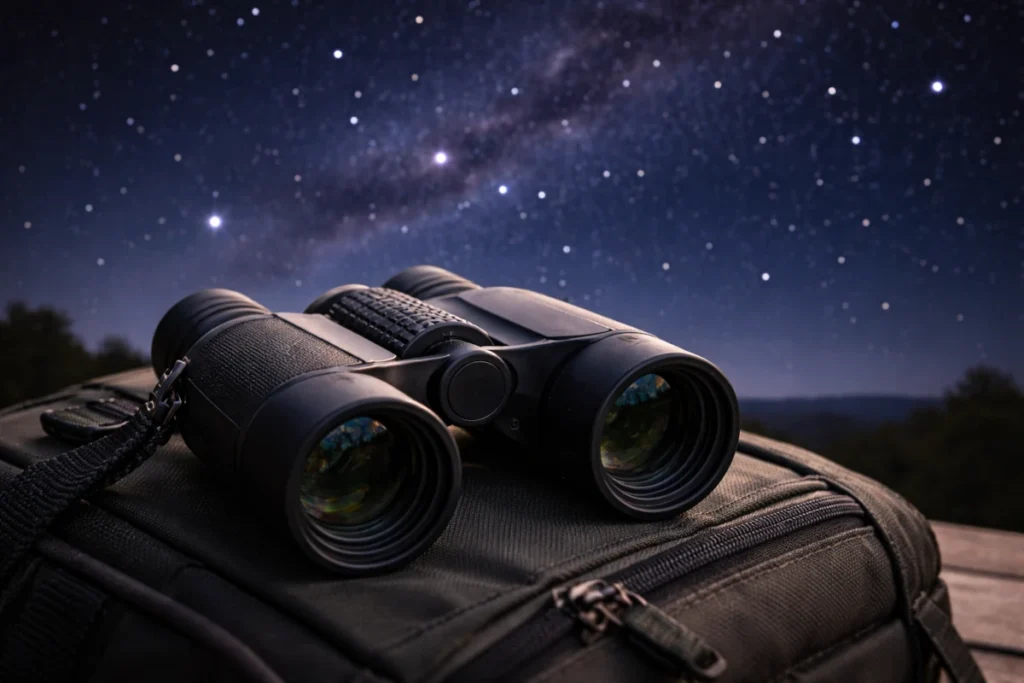 Binóculo simples usado como primeiro instrumento para observar o céu noturno