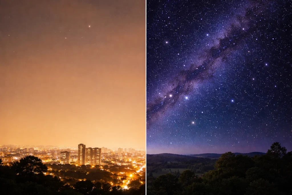 Comparação entre céu urbano com poluição luminosa e céu escuro ideal para observar estrelas