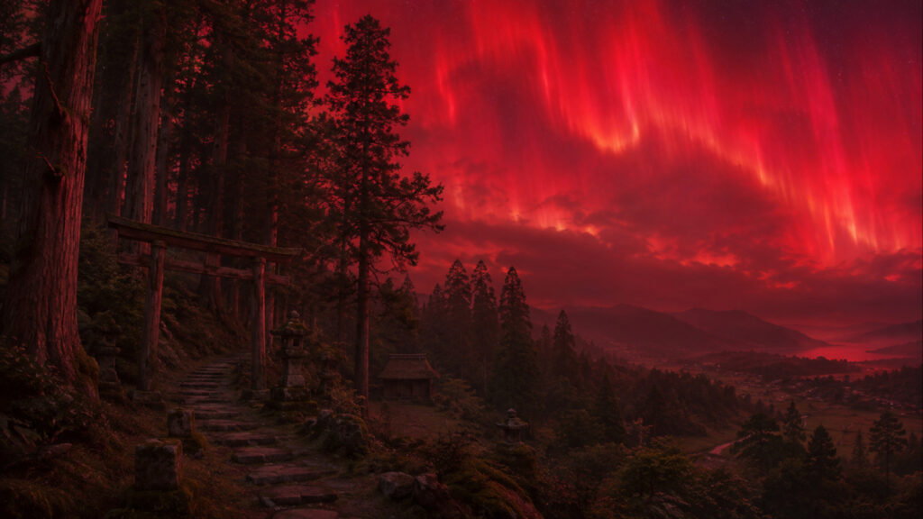 Ilustração de uma aurora vermelha sobre uma floresta medieval.