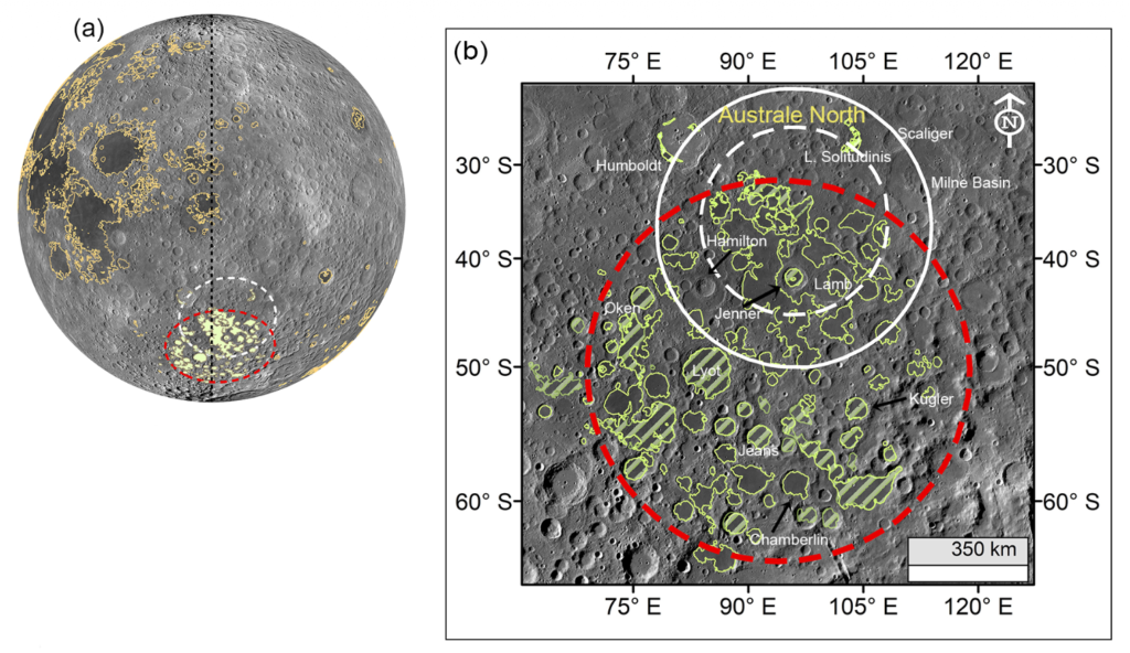 Estudo geológico da região de Australe. (a) Limbo oriental da Lua, com a linha tracejada preta marcando a longitude de 90° E. Os polígonos laranja delimitam as fronteiras dos mares lunares, e os polígonos preenchidos correspondem aos basaltos da região de Australe abordados neste estudo. (b) Mosaico da área de estudo, com os limites do Mare Australe marcados em verde, e as regiões sombreadas correspondem aos basaltos com idades de formação já estabelecidas (Crédito: The Planetary Science Journal)