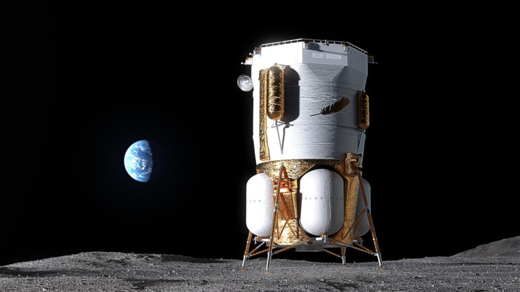 Ilustração do módulo lunar Blue Moon MK1 na superfície da Lua. 