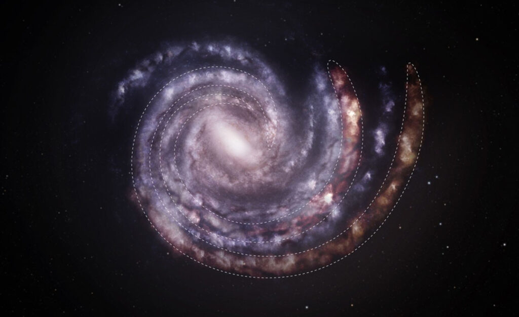 Via Láctea pode ser maior do que astrônomos pensavam 2 Ilustração mostra a Via Láctea com as posições estimadas de braços espirais com base em dados anteriores, em azul. Sobreposta a isso é uma visão atualizada da Via Láctea mostrando posições diferentes para os dois braços espirais mais externos, mostrados em vermelho e limitados por linhas tracejadas. Ambos os braços podem estar mais distantes do que se pensava anteriormente, com base em dados de raios-X recém-processados de Chandra e XMM. Imagem: NASA/CXC/SAO/M.Weiss