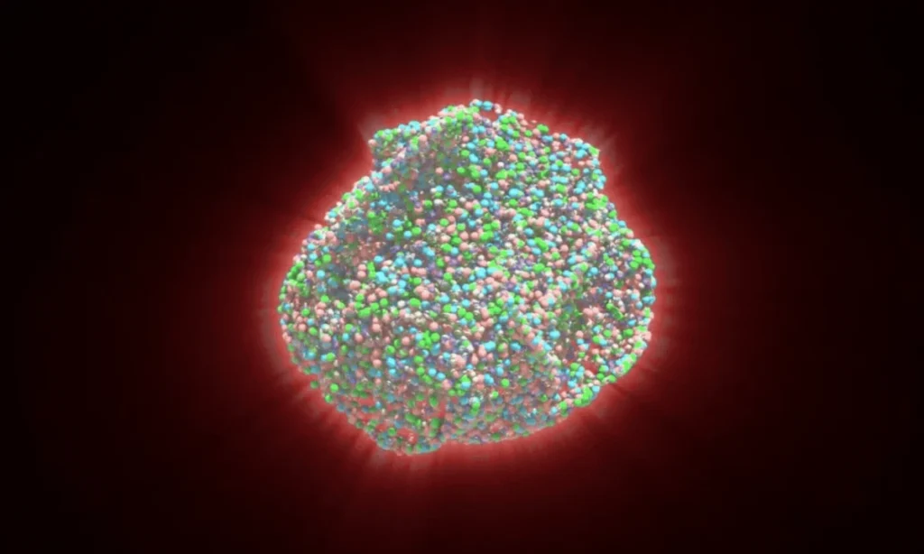 Impressão artística da formação de plasma de quark-glúon. (Imagem: CERN)
