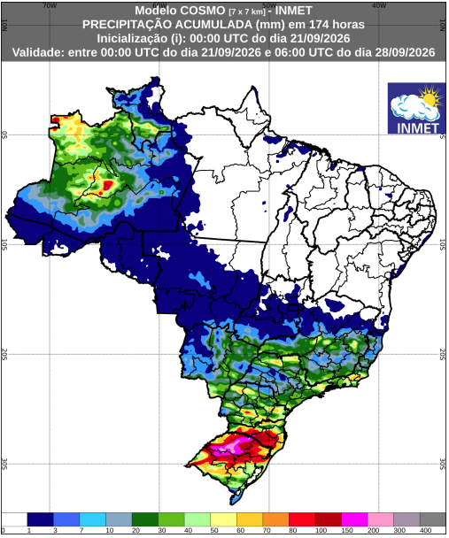 Quanto vai chover no Sul e no Sudeste do Brasil entre 21 e 28 de setembro de 2026? 2 Previsão de chuva acumulada de 21 de setembro a 28 de setembro de 2026. (Crédito: INMET)