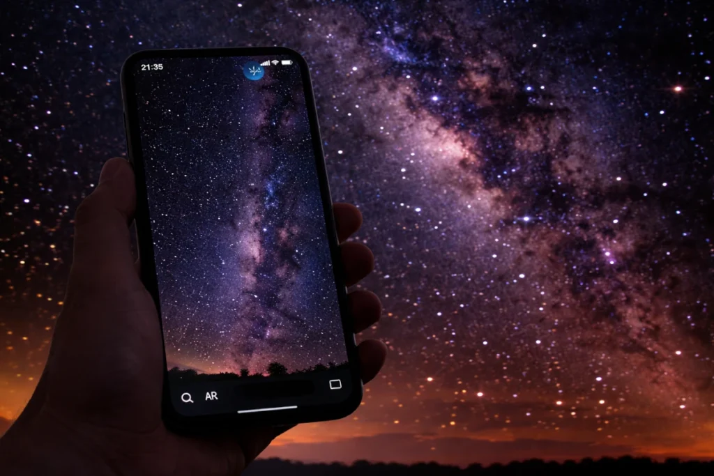 plicativo de mapa celeste ajudando a identificar estrelas e constelações no céu noturno