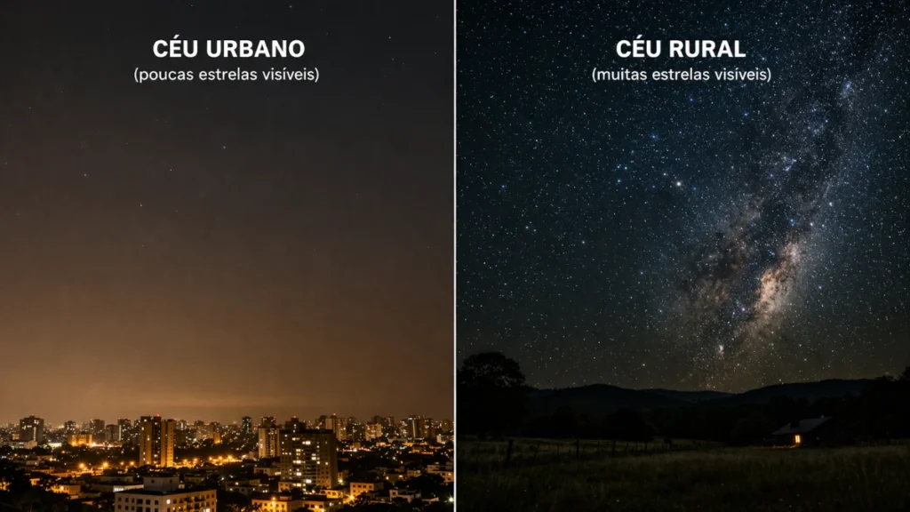 Comparação entre céu urbano com poluição luminosa e céu escuro com mais estrelas visíveis