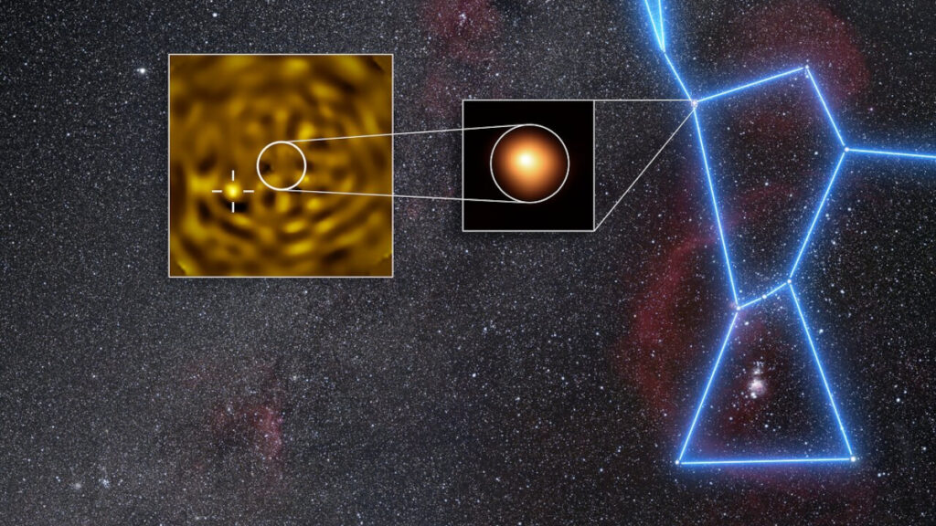 A estrela supergigante vermelha Betelgeuse (meio), localizada no ombro da constelação de Órion (à direita), deve engolir sua estrela companheira (pequeno ponto brilhante, à esquerda) em cerca de 10.000 anos. Imagem: ESO
