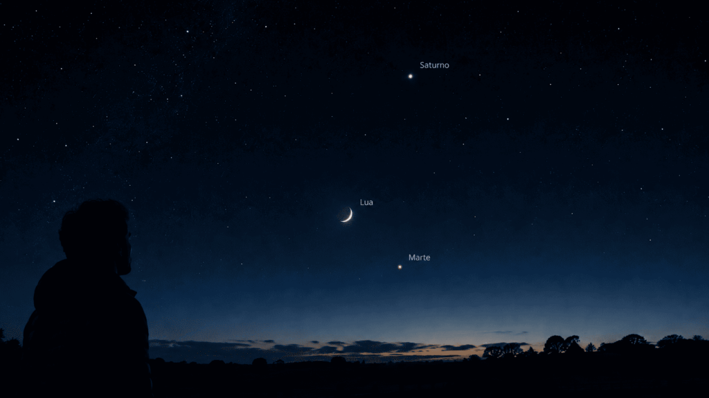 Ilustração da conjunção entre Lua, Marte e Saturno durante o amanhecer do dia 14 de maio de 2026.