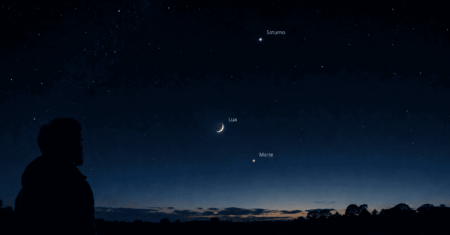 Lua, Marte e Saturno formam triângulo no céu antes do amanhecer