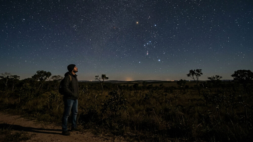 Pessoa observando constelações a olho nu em uma noite de céu limpo no Brasil