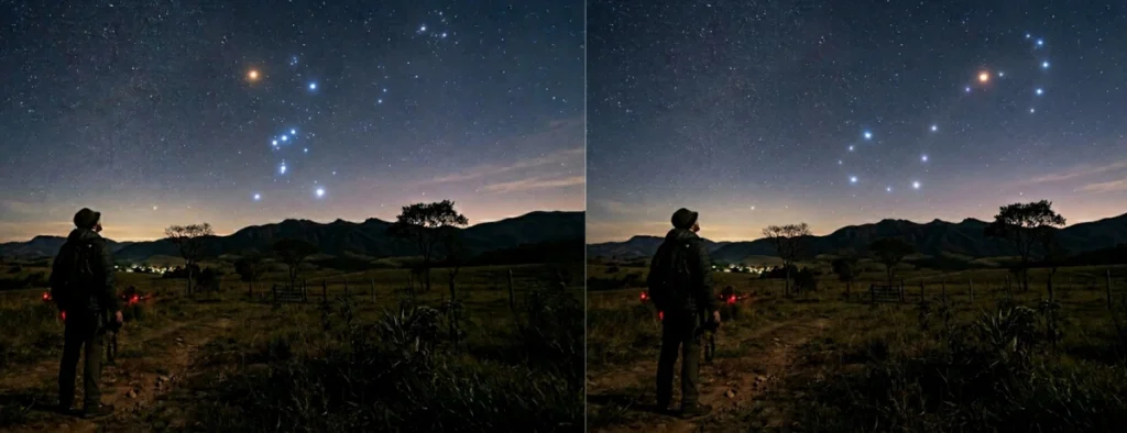 Comparação entre constelações visíveis em diferentes épocas do ano no céu noturno