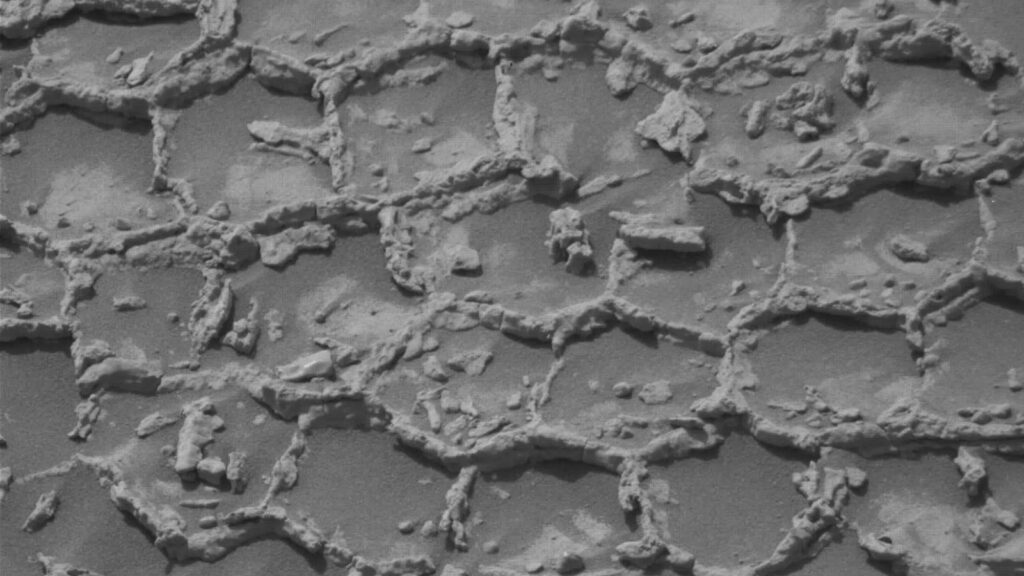 Curiosity encontra terreno estranho em cratera de Marte 1 Imagem de estruturas poligonais em Marte captados pelo rover Curiosity em 21 de junho de 2026. Imagem: NASA/JPL-Caltech/MSSS