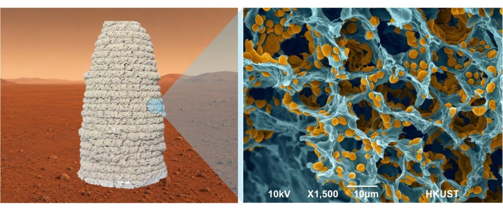 Casas em Marte podem ser impressas usando solo marciano, levedura e gelatina 2 (Esquerda) material de construção vivo pode ser impresso em 3D sob condições marcianas simuladas a -30°C e 0,01 atm. (Direita) uma visão microscópica revela a estrutura porosa do material, com polímeros e levedura geneticamente modificada destacados em amarelo (direita) (Crédito: Ning Liu)