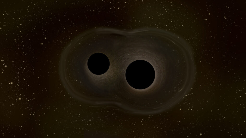 Buracos negros podem ter esvaziado o centro de uma galáxia 1 Ilustração de um dupla de buracos negros. Imagem: ESA