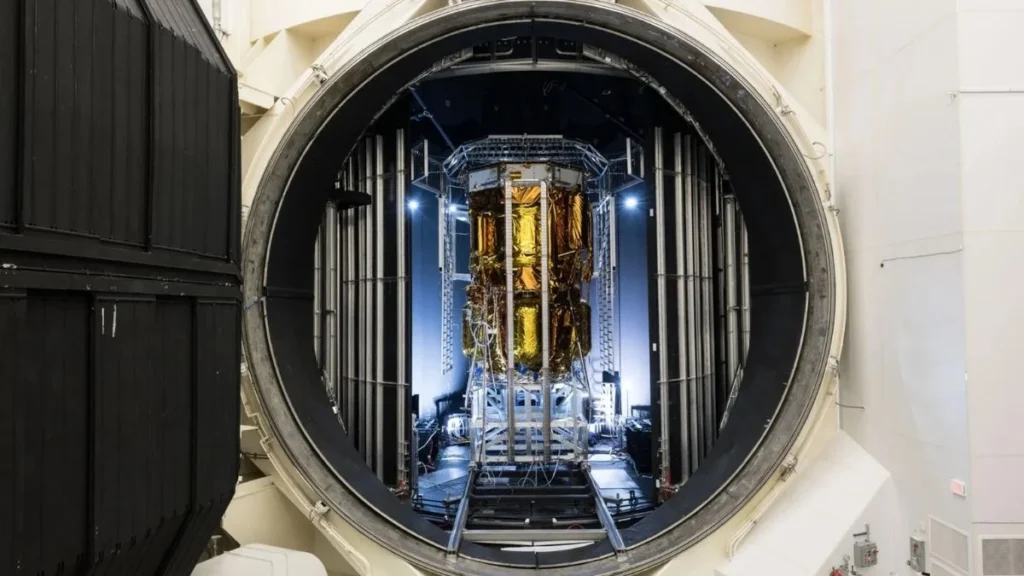 O módulo de pouso lunar não tripulado MK1 da Blue Origin durante testes na câmara de vácuo. Imagem: NASA/Blue Origin