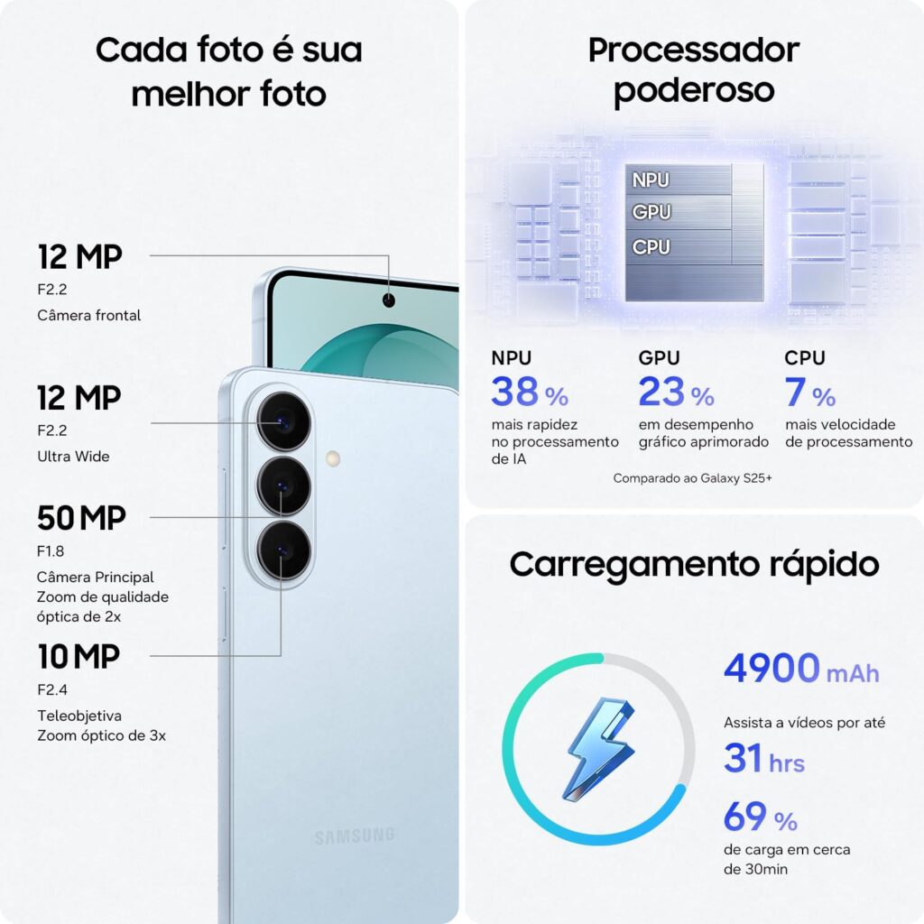  Celular Samsung Galaxy S26+ 5G, 256GB, 12GB RAM, Câmera Tripla de 50+12+10, Tela Grande de 6.7" - Branco 