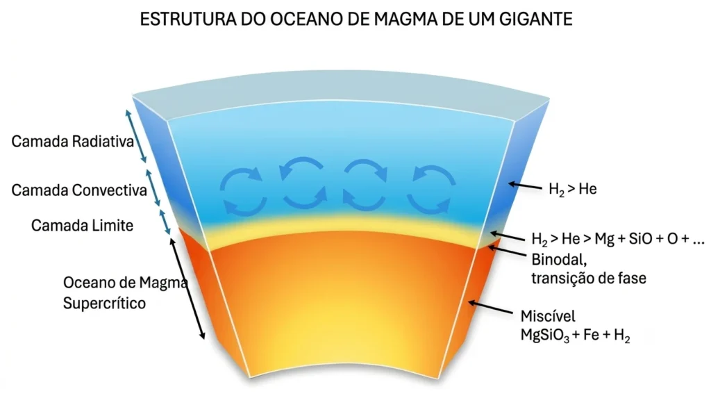 Diagrama que retrata o modelo de interior do oceano de magma proposto para Urano e Netuno. 