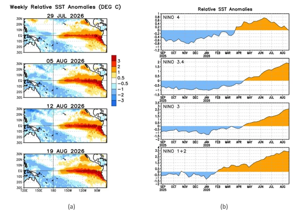 Veja o que o El Niño reserva para o seu estado 2 (a) Evolução semanal das anomalias da temperatura da superfície do mar no Oceano Pacífico e (b)
nas diferentes áreas do Niño (Crédito: National Centers for Environmental Prediction - NCEP)
