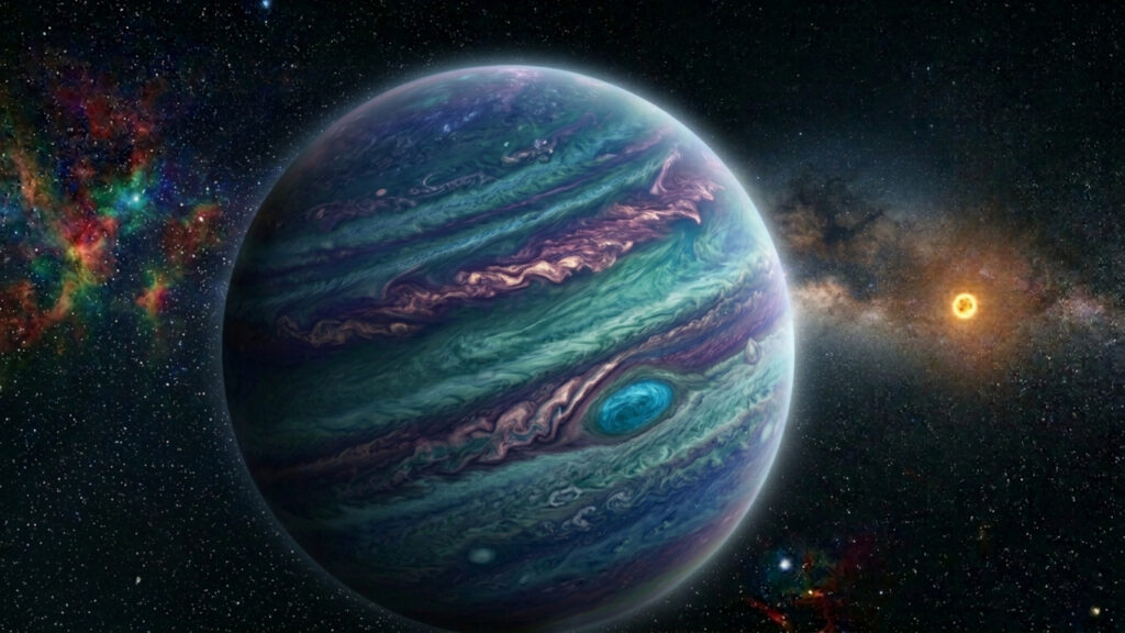 Ilustração artística de um exoplaneta com nuvens ao redor de uma estrela.