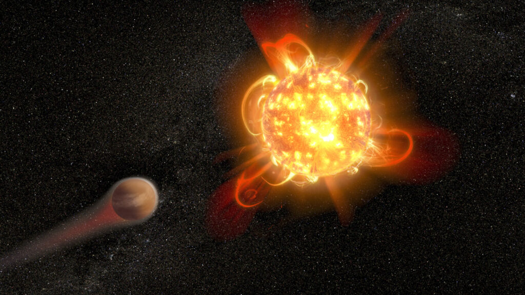 Ilustração de uma estrela anã disparando explosões intensas que está afetando a atmosfera de um planeta próximo.