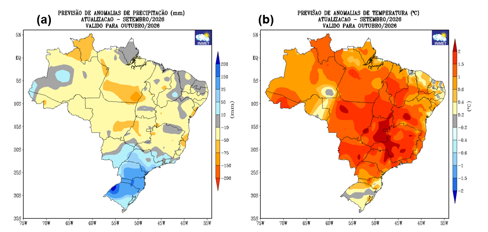 Previsão de desvios de (a) precipitação (mm) e (b) temperatura média do ar (°C) do modelo climático do INMET para o mês de outubro de 2026. (Crédito: INMET)