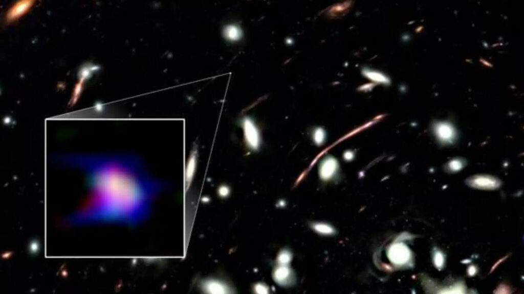 A galáxia LAP1-B em destaque na foto captada pelo telescópio James Webb. 