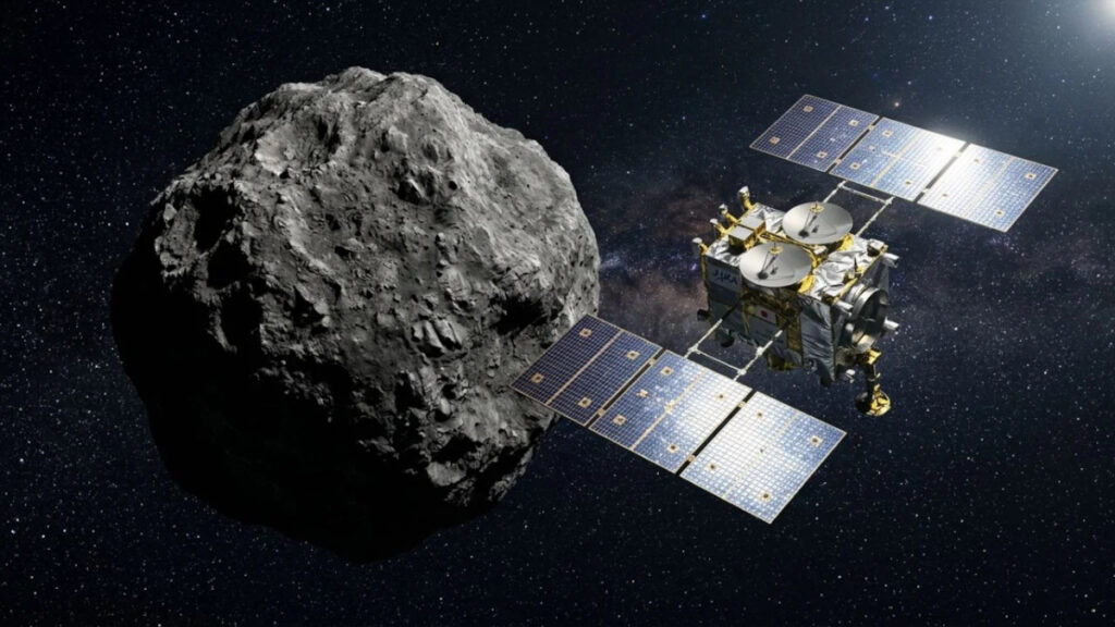 Ilustração da sonda Hayabusa2 se aproximando de um asteroide. Imagem: JAXA