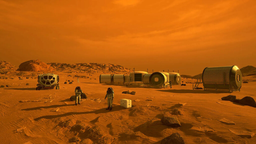 Ilustração de astronautas e habitats humanos em Marte.