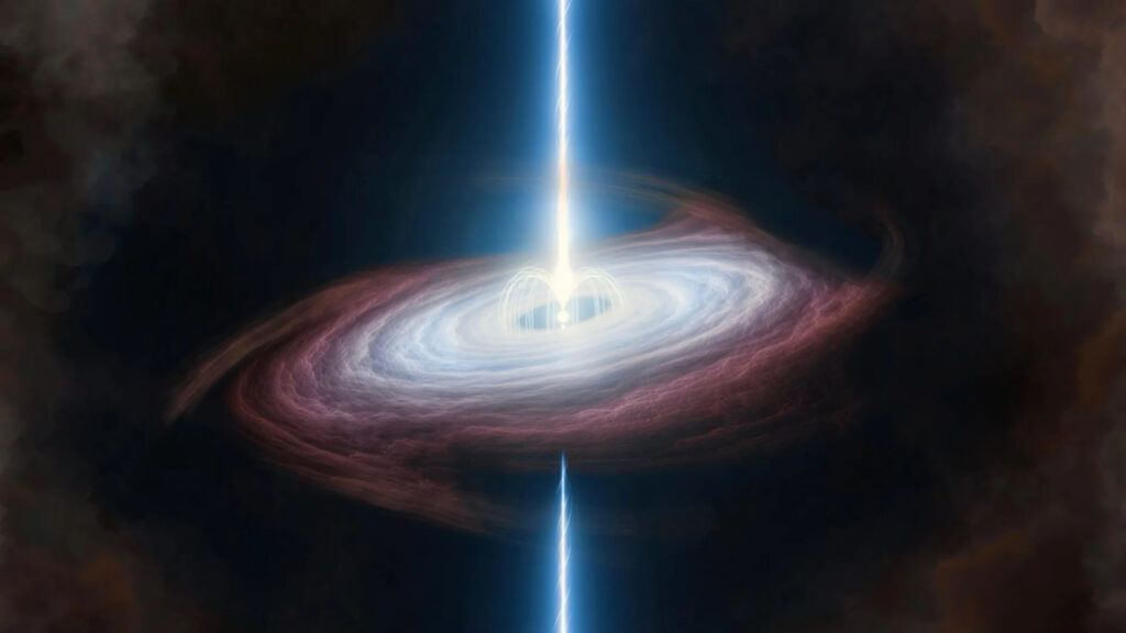 Astrônomos veem nascer um magnetar pela 1ª vez 1 Ilustração de uma magnetar cercada por um disco de acreção. Imagem: Joseph Farah e Curtis McCully, Observatório Las Cumbres
