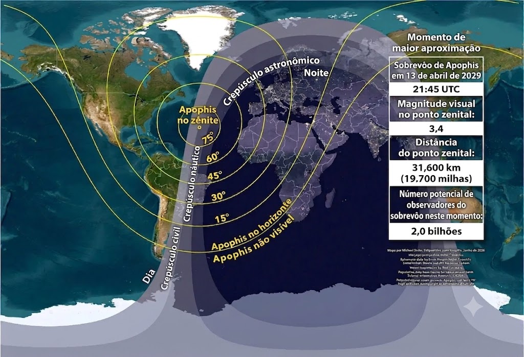 Apophis poderá ser visto do Brasil em 2029 2 Mapa de visibilidade do Apophis durante a máxima aproximação em 13 de abril de 2029. Imagem: Eclipseatlas.com (traduzido)