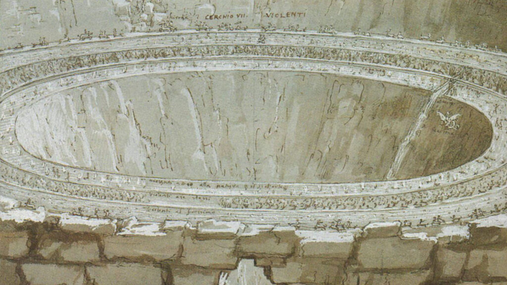 Ilustração da entrada para a parte baixa do Inferno, no interior as muralhas da Cidade de Dite, feita pelo artista Johannes Stradanus. I