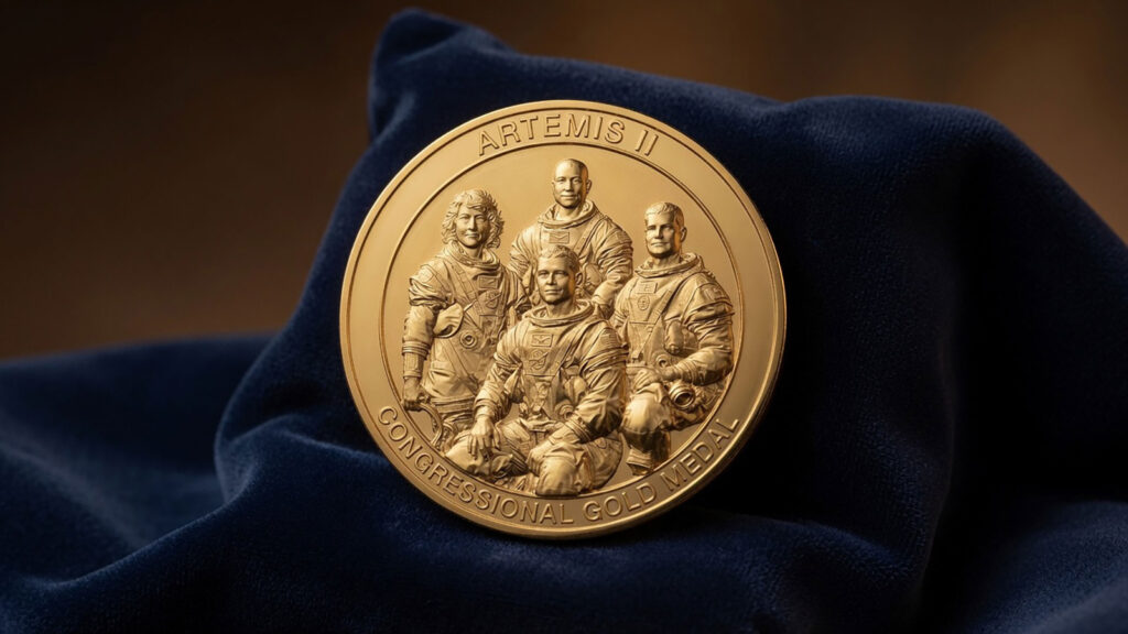 Ilustração de uma medalha de ouro não oficial em homenagem à tripulação da Artemis 2.