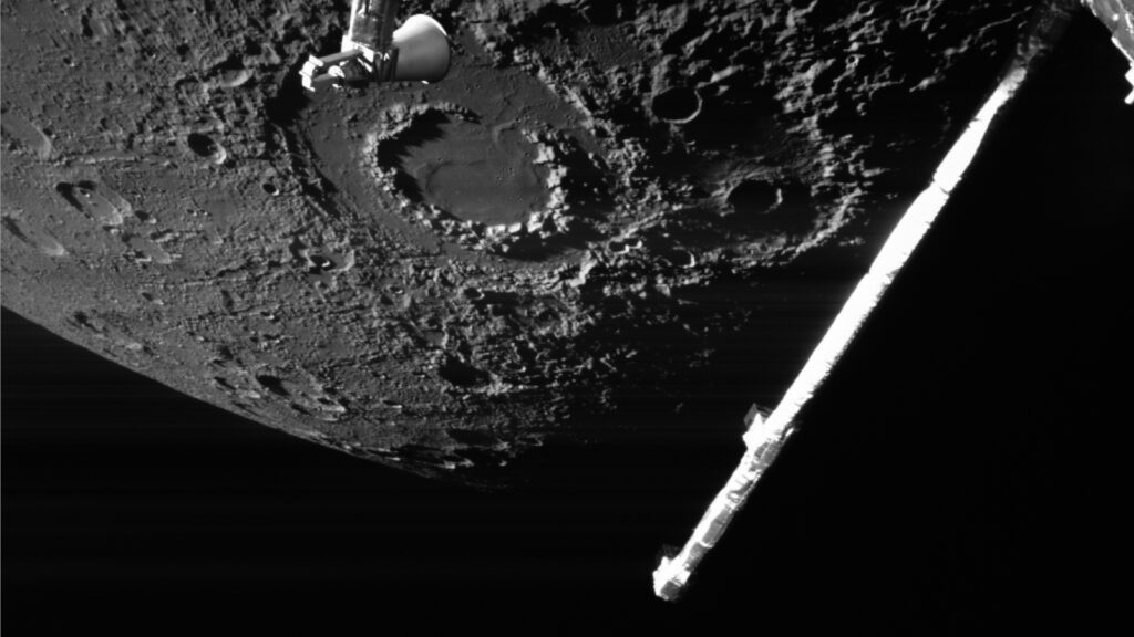 Mercúrio fotografado pela sonda BepiColombo em setembro de 2024. (Crédito: ESA/BepiColombo/MTM)