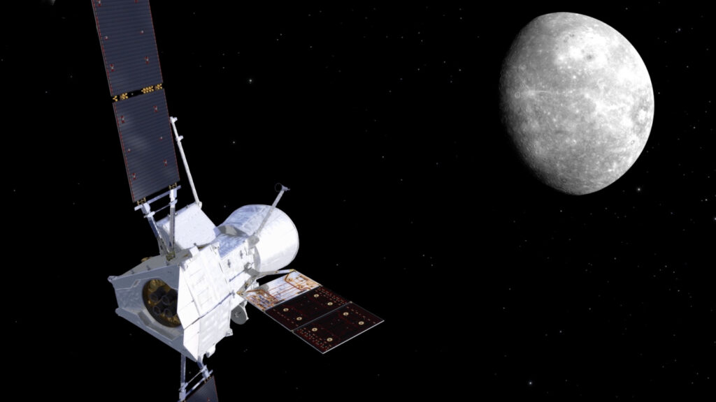 Ilustração da sonda BepiColombo se aproximando do planeta Mercúrio. Imagem: ESA