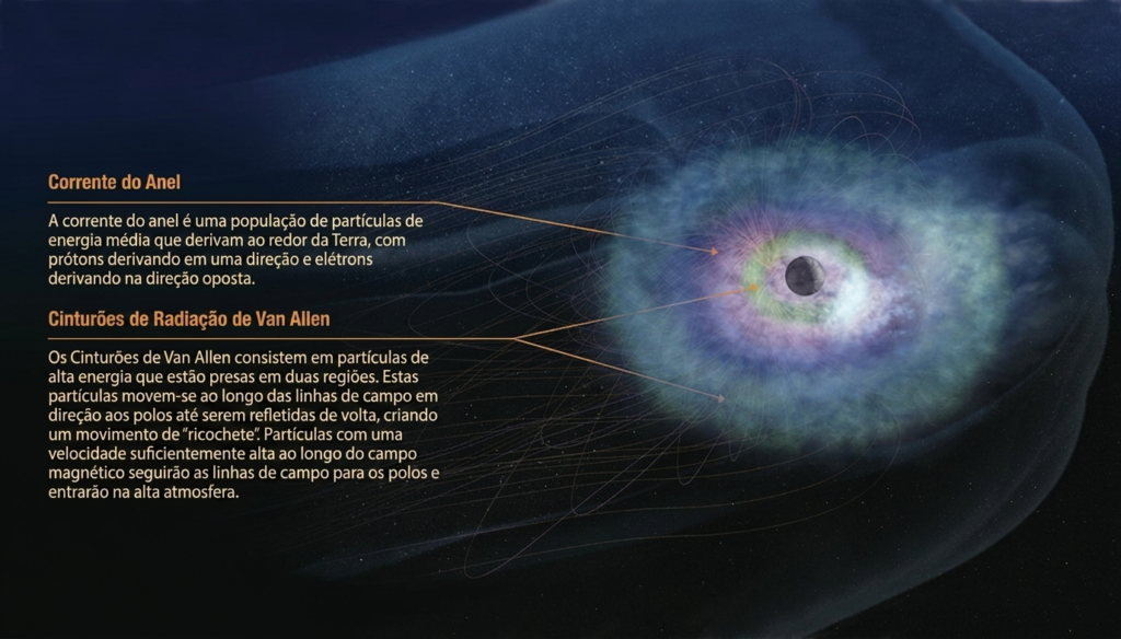 A corrente do anel é um enxame invisível, em forma de rosquinha, de partículas carregadas ao redor da Terra (mostrado aqui em azul). Ela se sobrepõe-se ao exterior de dois cinturões de radiação de Van Allen (que são mostrados em verde), mas a corrente de anel contém partículas de menor energia do que os cinturões de radiação. Na corrente do anel, partículas carregadas positivamente e partículas carregadas negativamente fluem em direções opostas, criando correntes elétricas. Mudanças no anel atual influenciam como nosso planeta responde a tempestades solares e pode ter impactos em nossa tecnologia. 