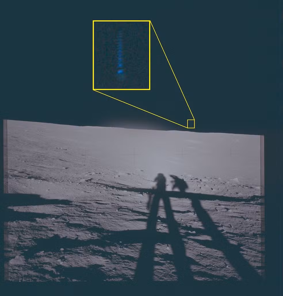 Foto captada durante a missão Apollo 12 mostrando um fenômeno não identificado na Lua. Departamento de Guerra dos Estados Unidos.