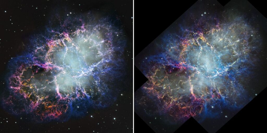 Imagem da Nebulosa do Caranguejo, capturada pelo Telescópio Espacial Hubble em 1999 (à esquerda) e em 2024 (à direita).