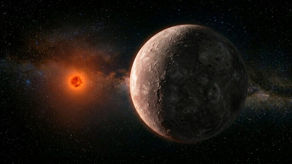 Ilustração artística de um exoplaneta rochoso ao redor de uma estrela anã vermelha