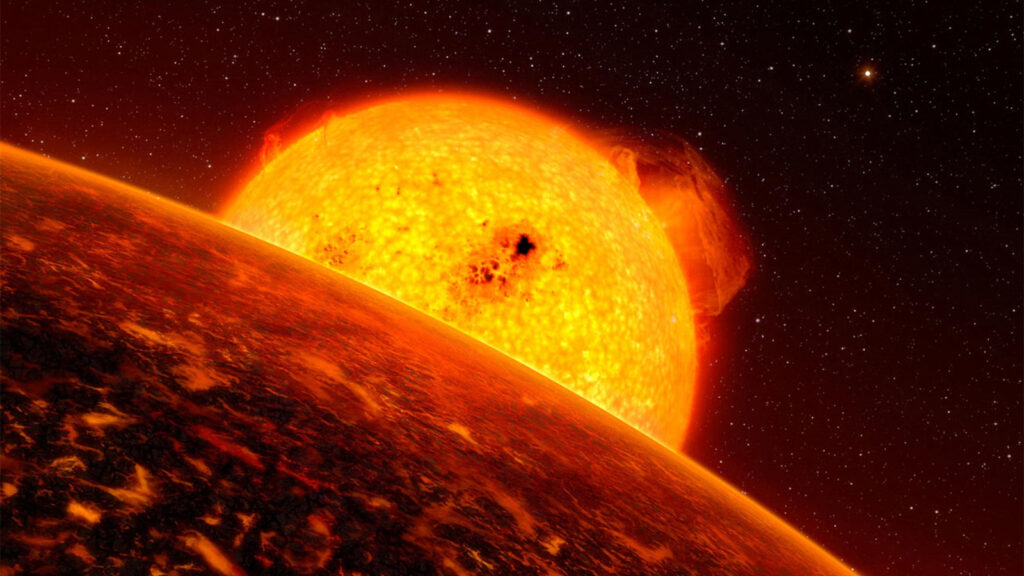 James Webb encontra atmosfera em mundo de lava a 41 anos-luz 1 Ilustração de um exoplaneta de lava. Imagem: ESO/L. Calçada