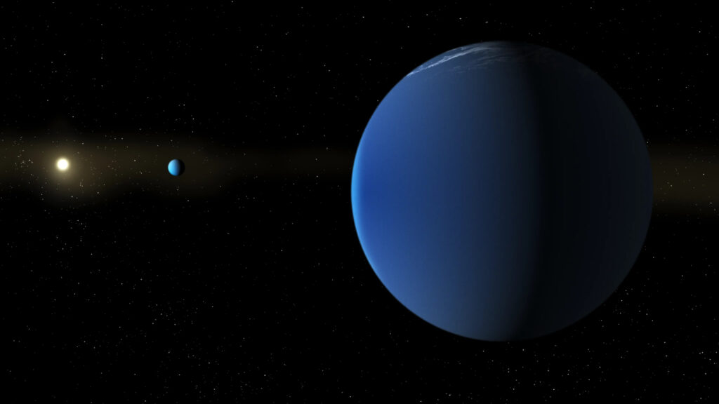 Ilustração retrata a estrela semelhante ao Sol TOI-791 e dois planetas gigantes que o telescópio espacial TESS da NASA descobriu em sua órbita. Imagem: NASA