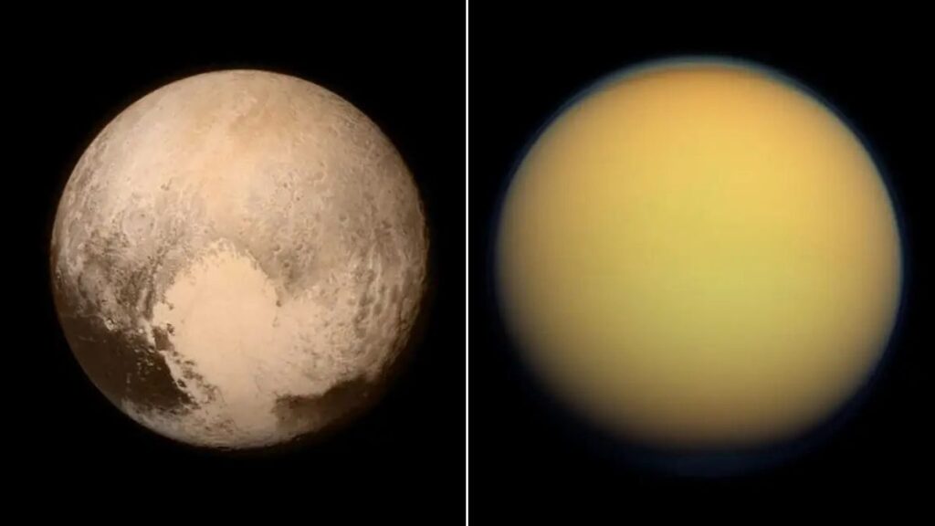 Montagem com a foto de Plutão à esquerda e de Titã à direita. Os astros não estão em escala. Imagens: NASA