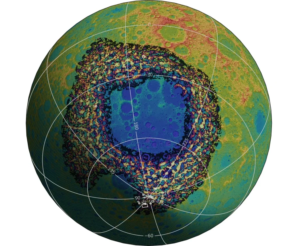 Cientistas do Centro de Origem e Evolução Lunar, uma organização virtual da NASA liderada pelo Southwest Research Institute, estudaram materiais escavados quando um grande corpo impactor criou a antiga bacia Polo Sul-Aitken (SPA) (em azul), uma estrutura gigantesca no lado oculto da Lua. Dois estudos complementares determinaram que a área ao redor da SPA contém rochas derivadas do manto (em laranja e preto), fornecendo informações sobre o interior da Lua e sua história mais remota. Locais de pouso propostos (quadrados brancos) para as futuras missões Artemis ao polo sul lunar situam-se nessa região, permitindo que os astronautas estudem esses materiais. Imagem: NASA/JPL-Caltech/Goddard/Gabe Gowman-U. Arizona. 