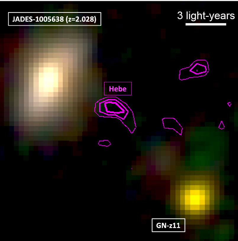 Imagem mostra a localização de Hebe em contornos roxos, perto da galáxia primitiva GN-z11.