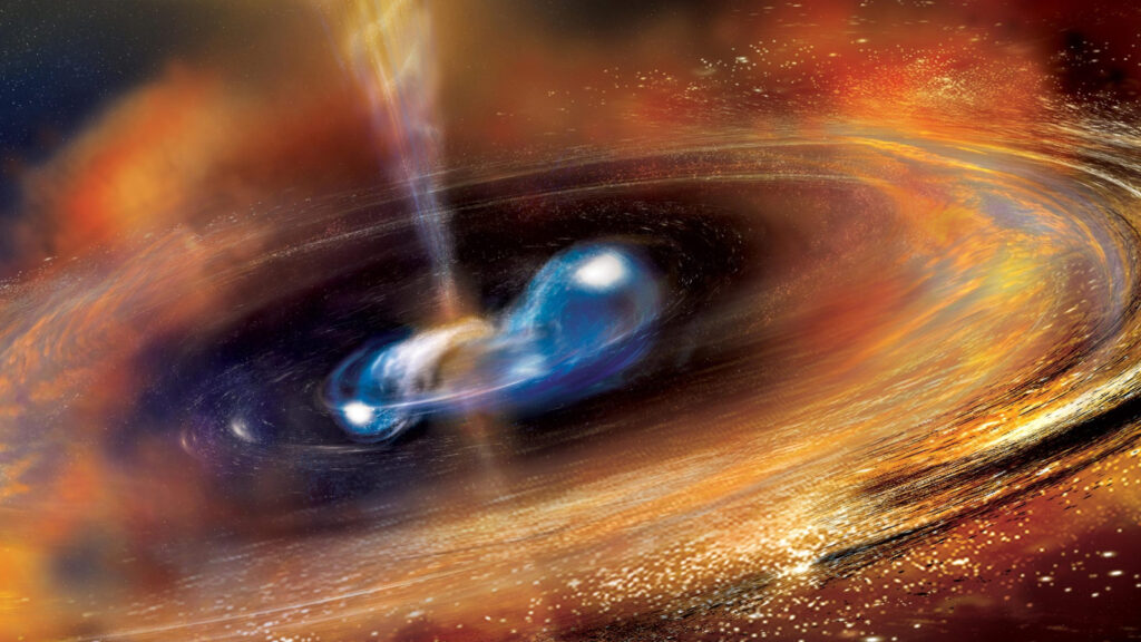 Ilustração de uma colisão de duas estrelas de nêutrons. Imagem: Sonoma State University/NASA
